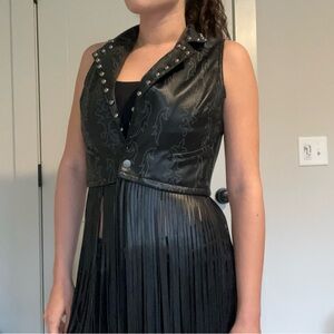 NWT Rock & Roll Denim Black Leather Fringe Vest